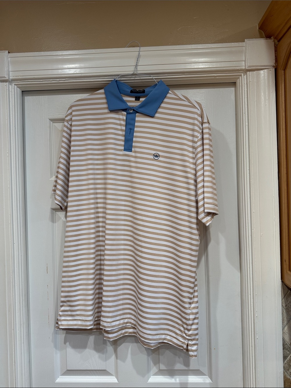 Peter Millar Beige and Blue Striped Polo